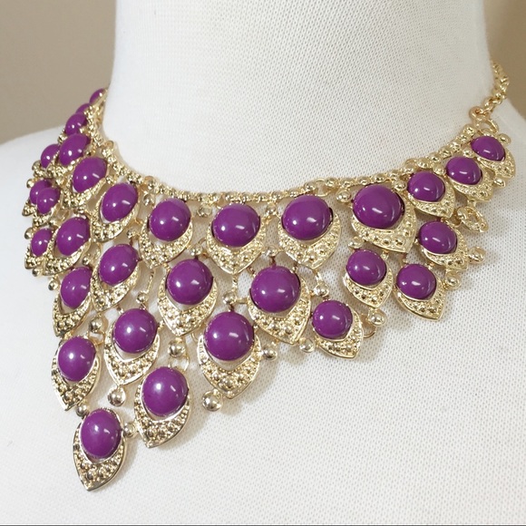 Purple Chunky Dot Bib Statement Necklace Earrings Set - Picture 3 of 3